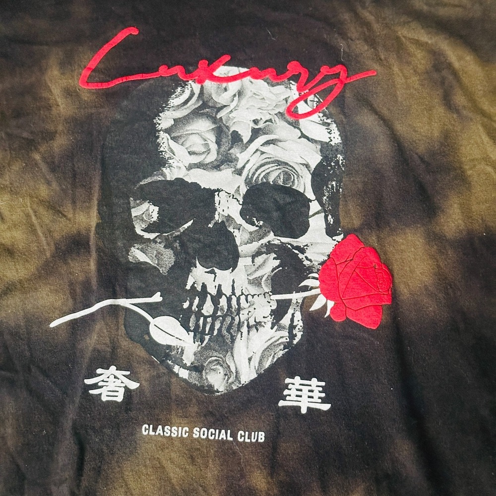 Classic Social Luxury Skull - Long Sleeve T-Shirt- Men's L  Green Black Tie-Dye - Picture 2 of 7